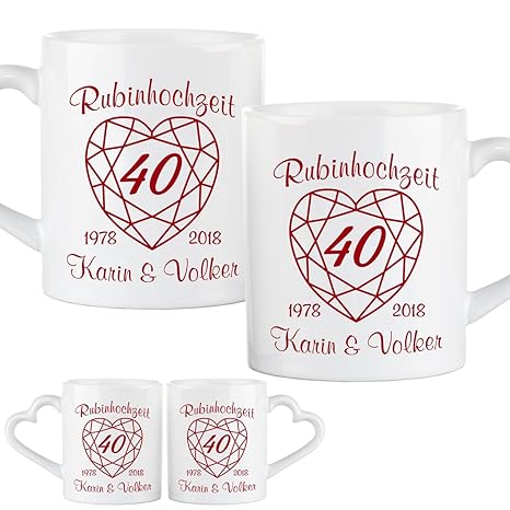 Tassen-Set zur Rubinhochzeit: zwei Keramikbecher im Set mit Namen und Jahreszahlen personalisiert – romantische Kaffeebecher 