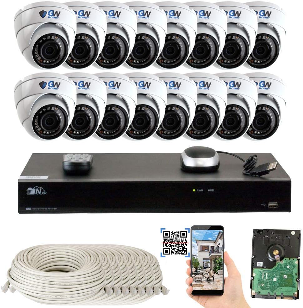 GW Security 16 Channel 4K NVR 5 Megapixel H.265 Security Camera System, 16 Built-in Microphone Audio Recording HD 1920P IP PoE Dome Cameras, QR-Code Connection