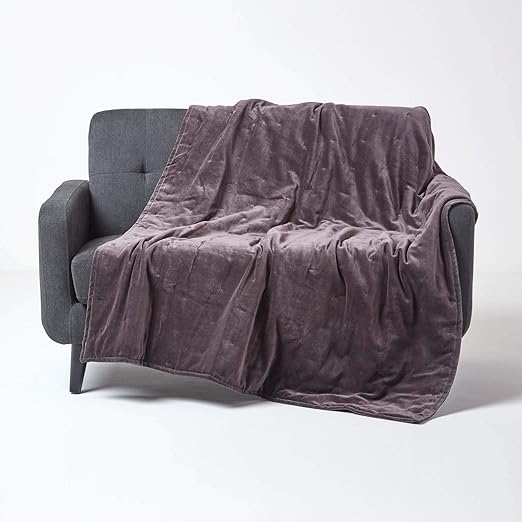 HOMESCAPES Dark Grey Velvet Throw Super Soft Thick Cotton Velvet