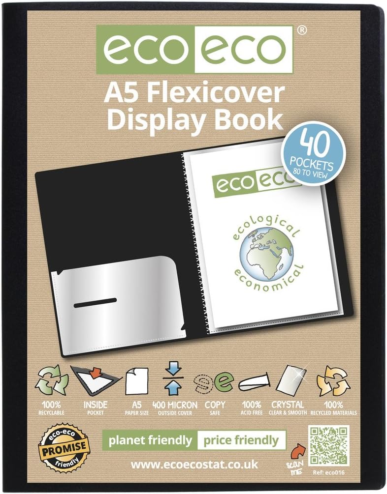 eco-eco A5 100% Recycled 40 Pocket Black Flexible Cover Portfolio Book Folder Display Book,eco016