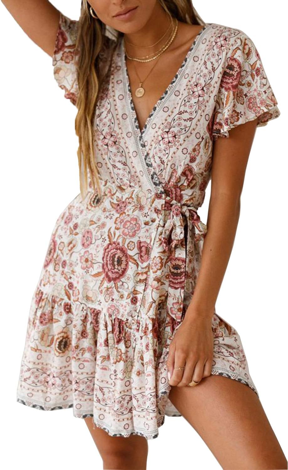 Ehpow Women V Neck Boho Floral Mini Dress Summer Short Sleeve Wrap Sash Beach Dress