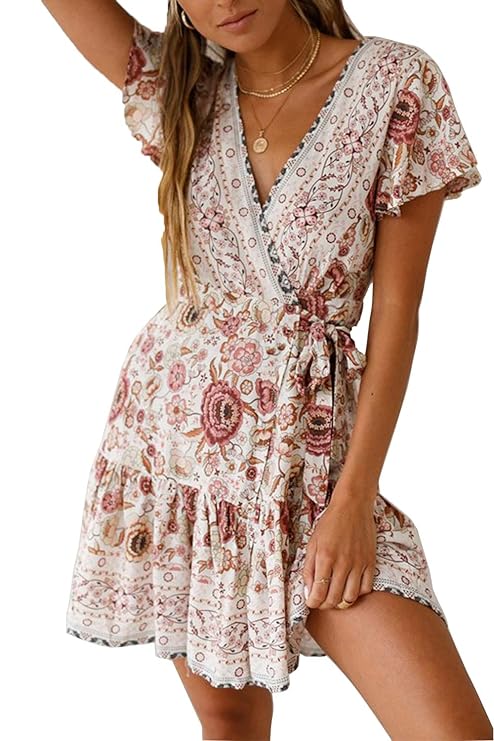 Ehpow Sommerkleid Damen Boho V-Ausschnitt Vintage A-Linie Minikleid Swing Strandkleid mit Gürtel