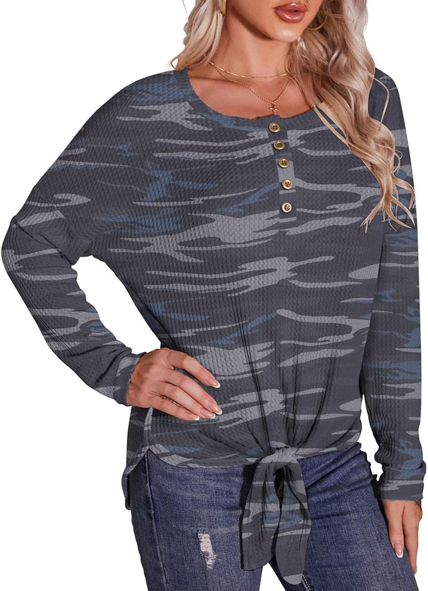 IWOLLENCE Womens Waffle Knit Tunic Button Up Shirts Tie Knot Front Tops Loose Pullover Blouses at  Women’s Clothing store
