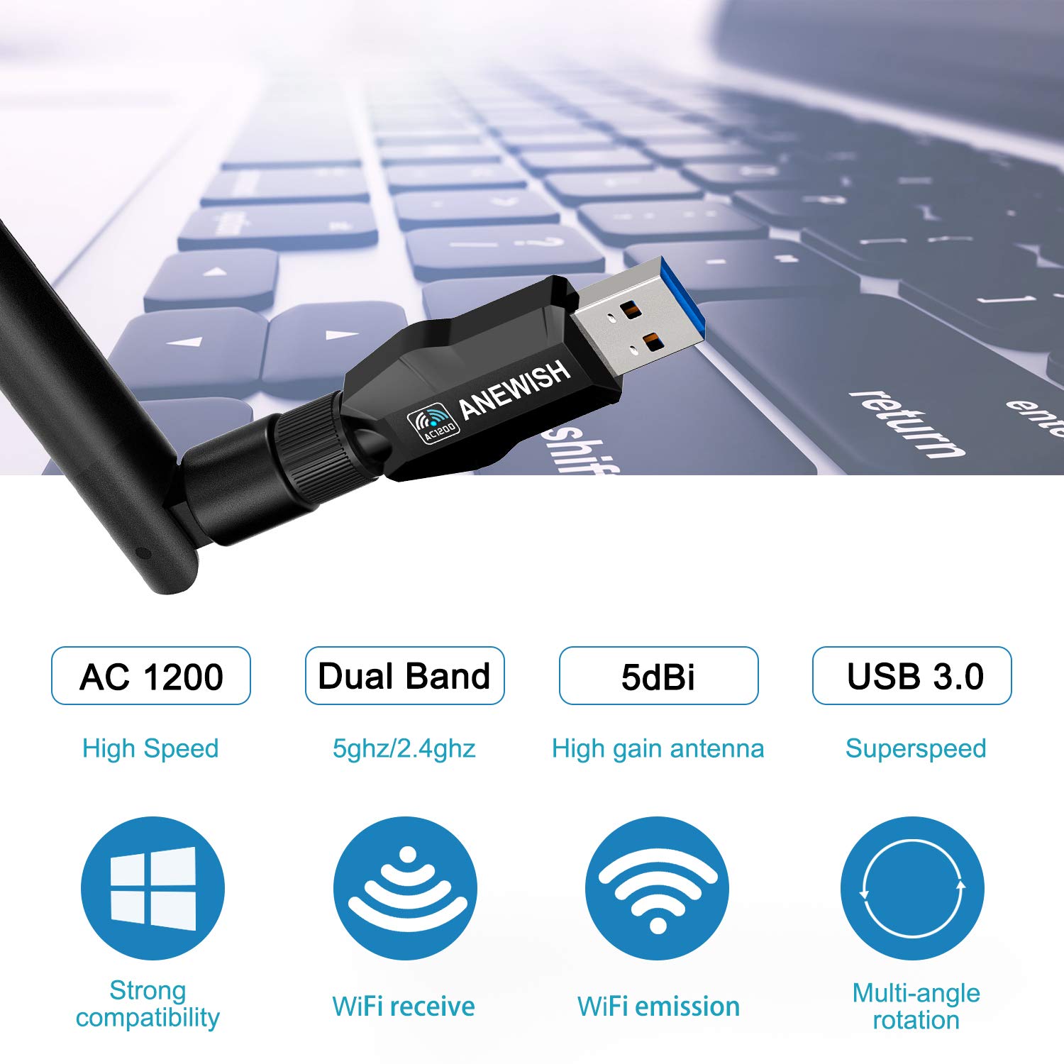 ANEWISH 1200Mbps WiFi Adaptor USB 3.0 WiFi Stick with 5G 866Mbps + 2.4G 5dBi Antenna Dual Band 300 Mbps WiFi Adapter for Windows XP/Vista/7/8/Mac OS 10