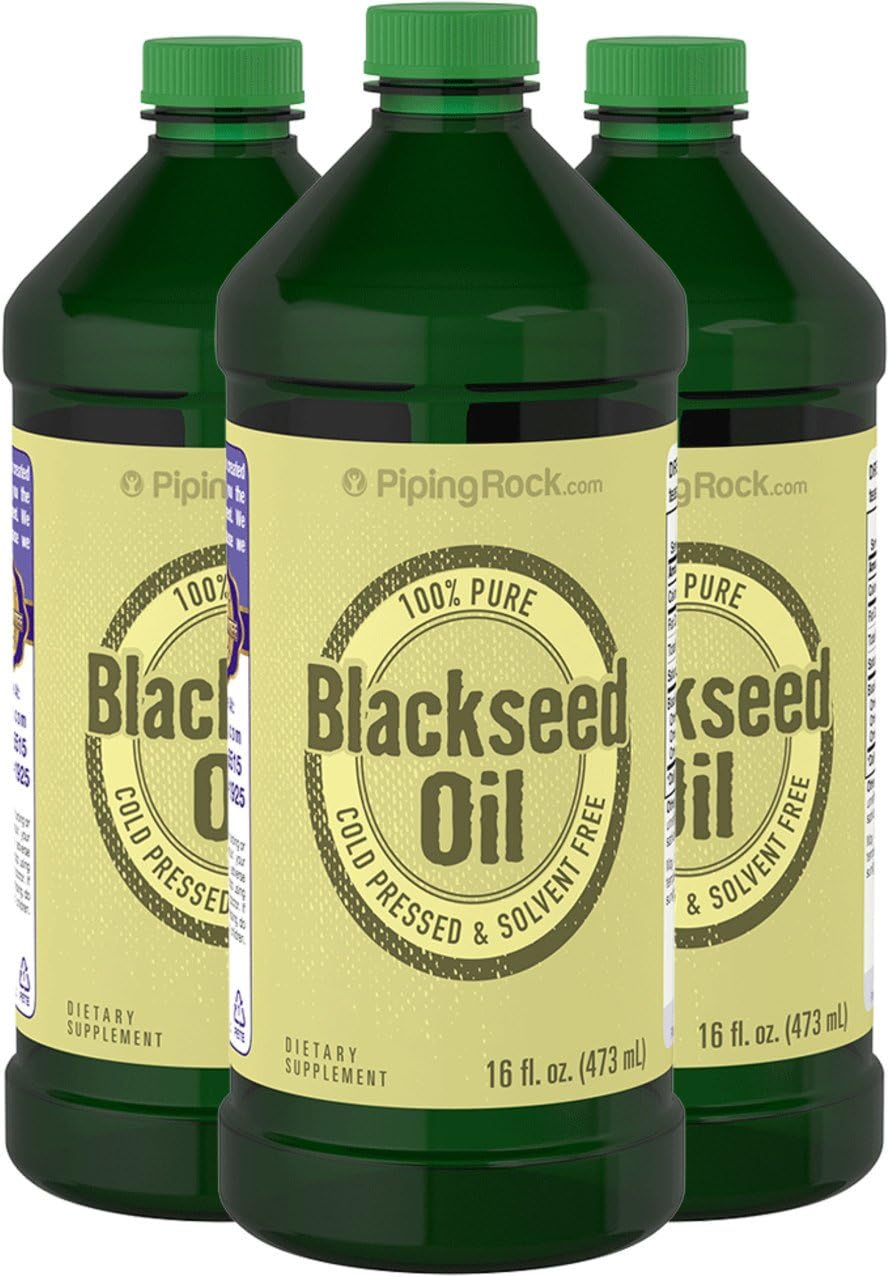 Piping Rock 100% Pure Black Seed Oil Cold Pressed 3 Bottles x 16 fl oz (473 mL) Bottle Cumin Seed Solvent Free Dietary Supplement