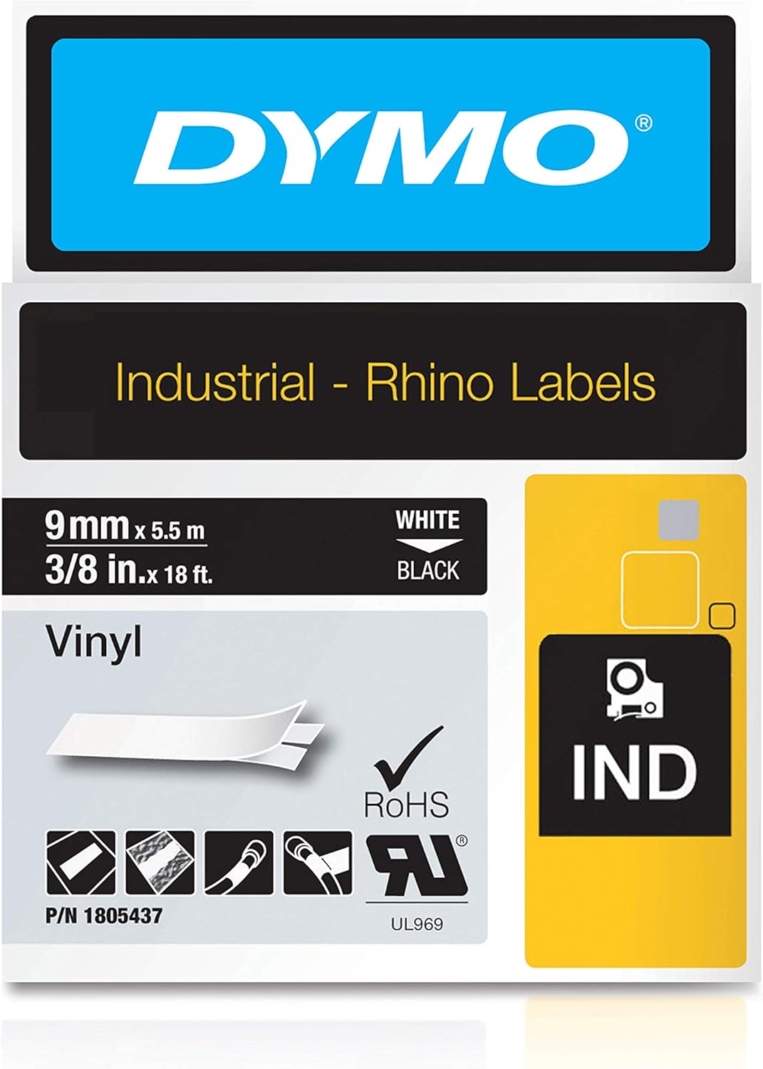 DYMO Industrial Labels for DYMO Industrial Rhino Label Makers, White on