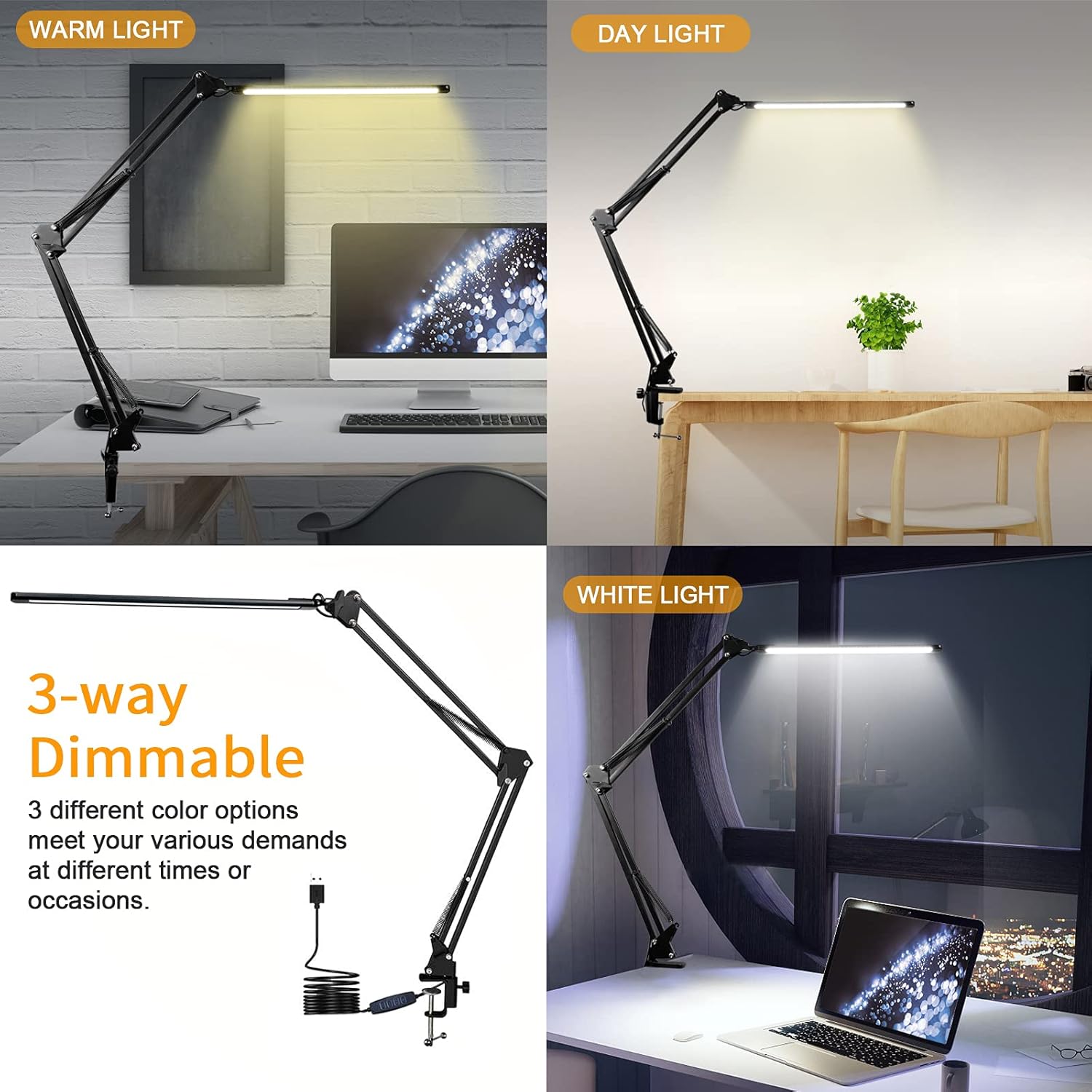 HaFundy LED Desk Lamp [Ultra-Thin Lamp Bar], Metal Swing Arm Desk Light with Clamp, Eye-Caring Desk Lamp, Architect Modern Desk Lamps, 3 Color Modes, 10 Dimmable Brightness, 12W Desk Lamps for Home Office - - 