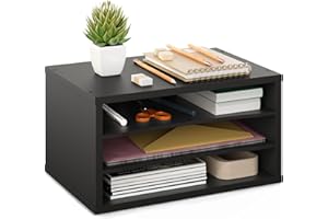 Ballucci Paper Organizer, 3-Tier Stackable Wood Desk Organizer, Document File Organizer and Mail Sorter with Adjustable Storage Shelves, Black
