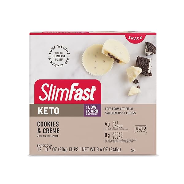 SLIMFAST LOW CARB CHOCOLATE SNACKS, KETO FRIENDLY FOR WEIGHT LOSS WITH 0G ADDED SUGAR & 4G FIBER, COOKIES & CRÈME, 12 COUNT