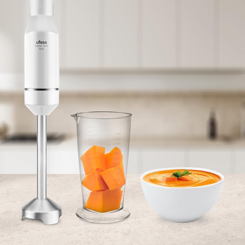 Batidora de Mano Stellar Max TouchSpeed 1500W, Pantalla Digital, Velocidad Táctil Variable, 4 Cuchillas Alta Eficiencia, Ergonómico, Antisalpicaduras, Vaso Medidor, Emulsionador y Picadora