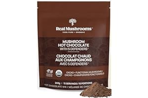 Real Mushrooms Organic Hot Chocolate Mix with 5 Defenders Turkey Tail, Chaga, Maitake, Shiitake, Reishi Mushroom - Cacao Powd
