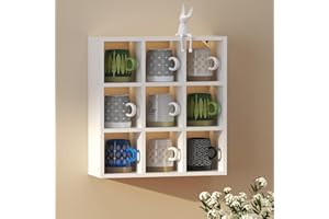 Helsin 9 Grid Vintage Coffee Mug Display Rack, 16inch Wall Mounted Wooden Curio Shadow Box Shelf, Cup Floating Shelves Displa