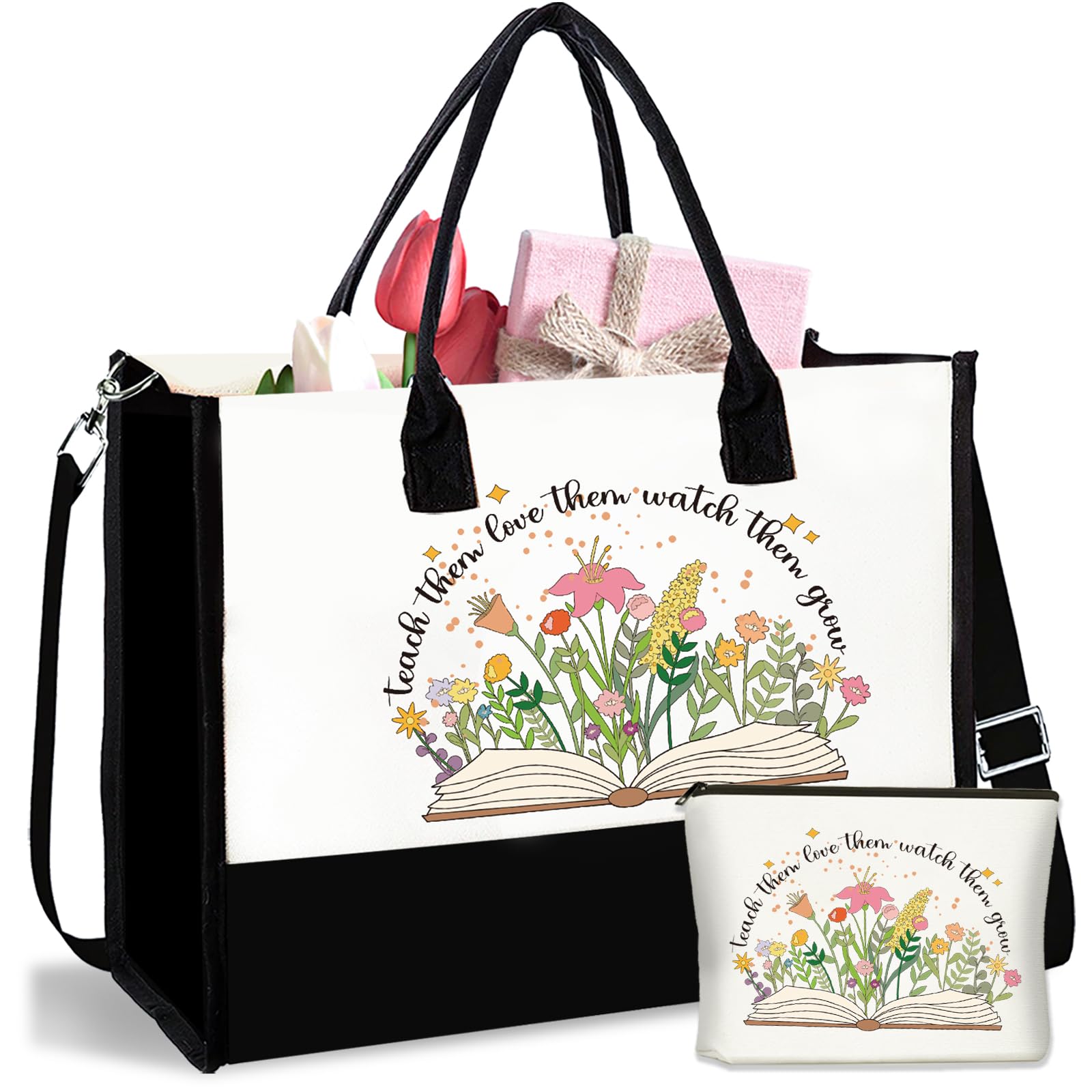 4MELLY Teacher Appreciation Gifts Canvas Tote Bag with Makeup Teacher ...