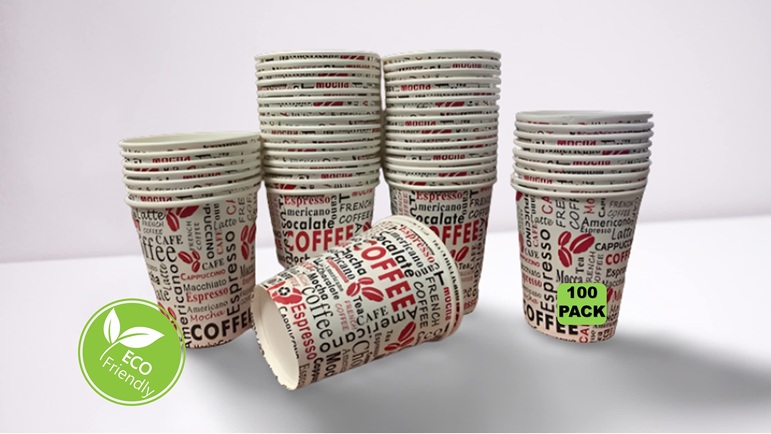 Paper Coffee Cups - 50-Pack Strong Disposable Cups (8oz) Recyclable Hot/Cold Drink Cups - Lightweight Teacups - Elegant Paper Cups for Party, Camping, Picnic, Travel (100 Printed Type 2)
