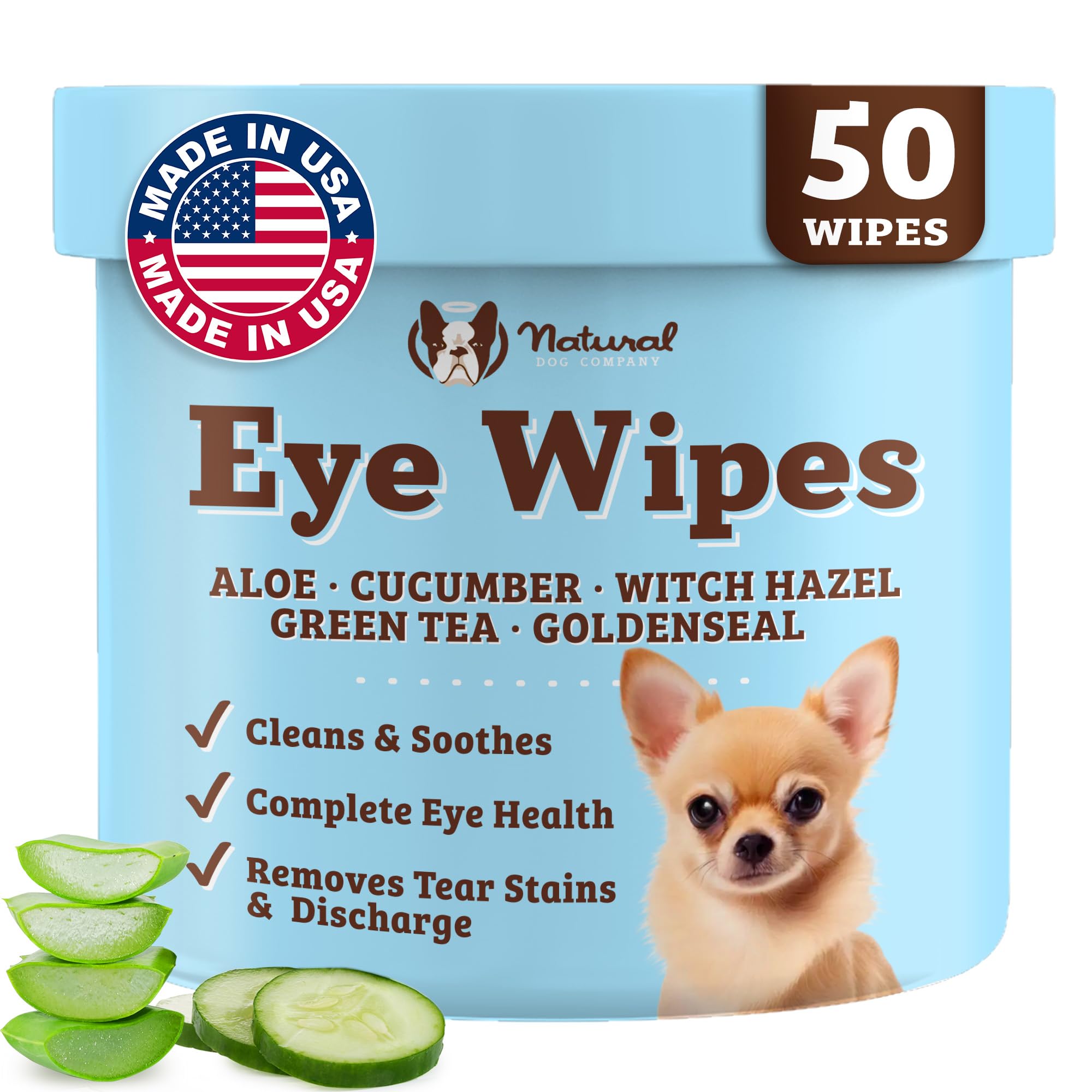 Natural Dog Eye Wipes for Dogs -50 Cnt- Soothing Dog Eye Wipes with Natural, Non-Irritating Ingredients Green Tea & Goldenseal, Effective Dog Tear Stain Remover Wipe & Dog Eye Gunk Remover Wipe, Vegan