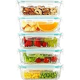 WOVOW 5-Packs, 36 Oz Glass Meal Prep Containers with Snap Locking Lids Glass Food Containers,Airtight Lunch Container,Microwave, Oven, Freezer and Dishwasher
