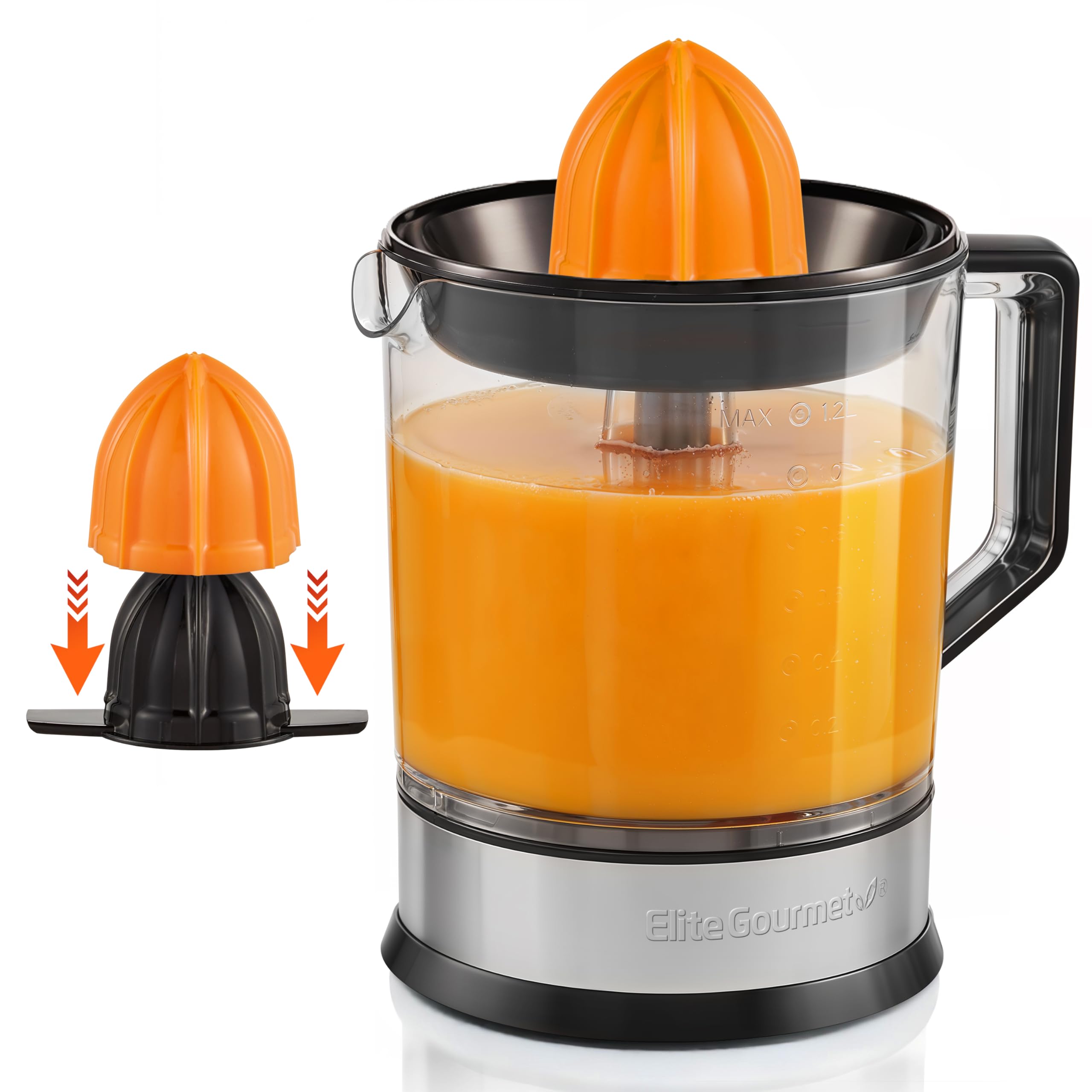 Photo 1 of Elite Gourmet ETS740 BPA-Free Electric Citrus Juicer with 2 Cones, Compact, Large Volume, Pulp Control, Oranges, Lemons, Limes, Grapefruits with Easy Pour Spout, 1.2L, Black/Stainless Steel