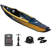 Aqua Marina Tomahawk Air-K Inflatable Touring Kayak, 1 Person, 12 Ft 4 In | Full Drop Stitch Build, 10 PSI, 3 Air Chambers, 2 Drain Valves, Removable Twin Fins, Holds Up to 282 Lb