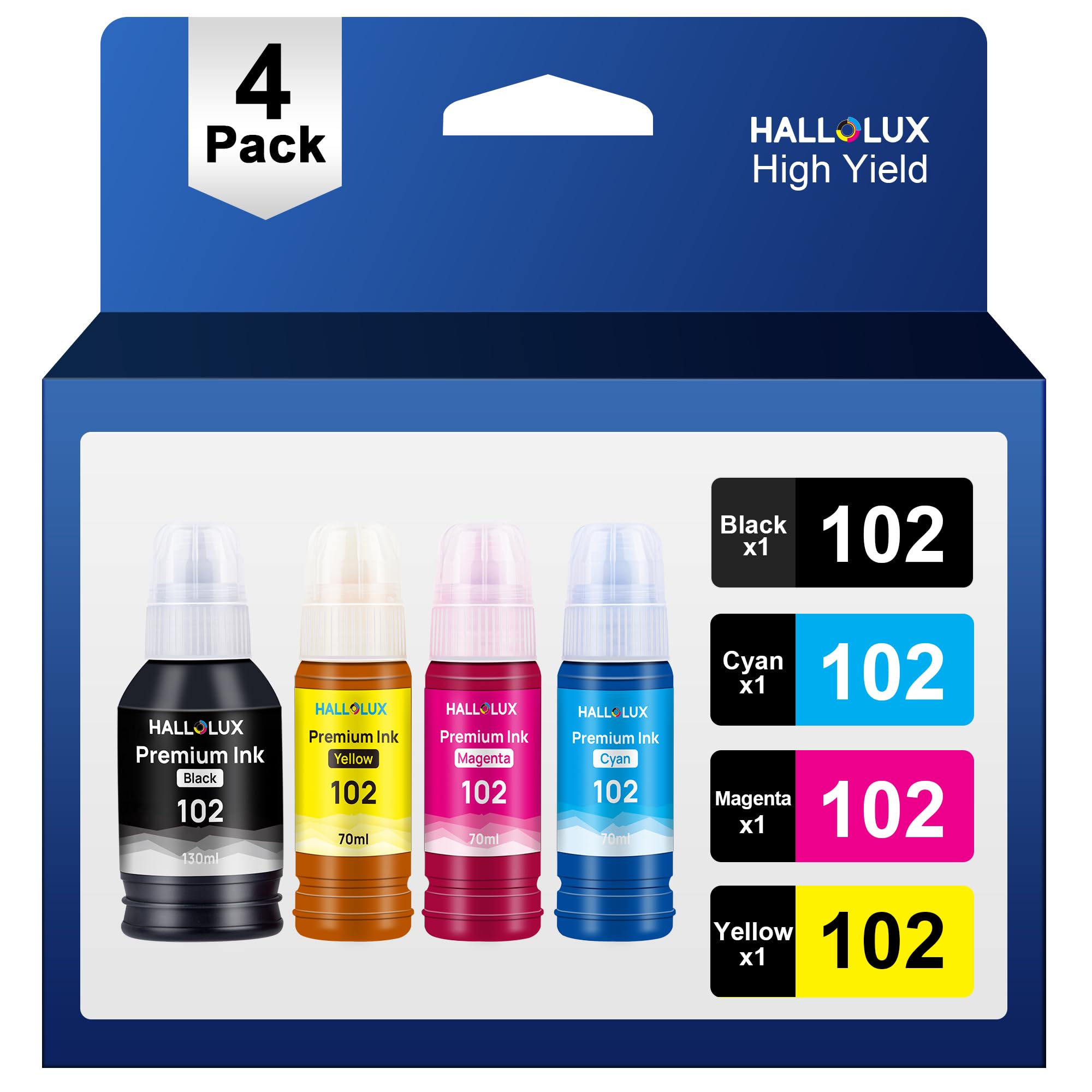 HALLOLUX 102 Ink Compatible for Epson 102 Ink Bottle Multipack for Epson EcoTank ET-2700 ET-2750 ET-2751 ET-2756 ET-3700 ET-3750 ET-4750 ET-15000 (102 Black, 102 C/M/Y)