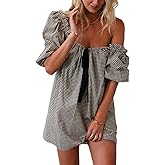 hibshaby Women's Babydoll Short Dress Puff Sleeve Cute Tie Mini Dress Floral Sundress