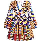 Mocure African Dashiki Printing Dress Long Sleeve Midi Fit Foraml A Line Swing Dresses