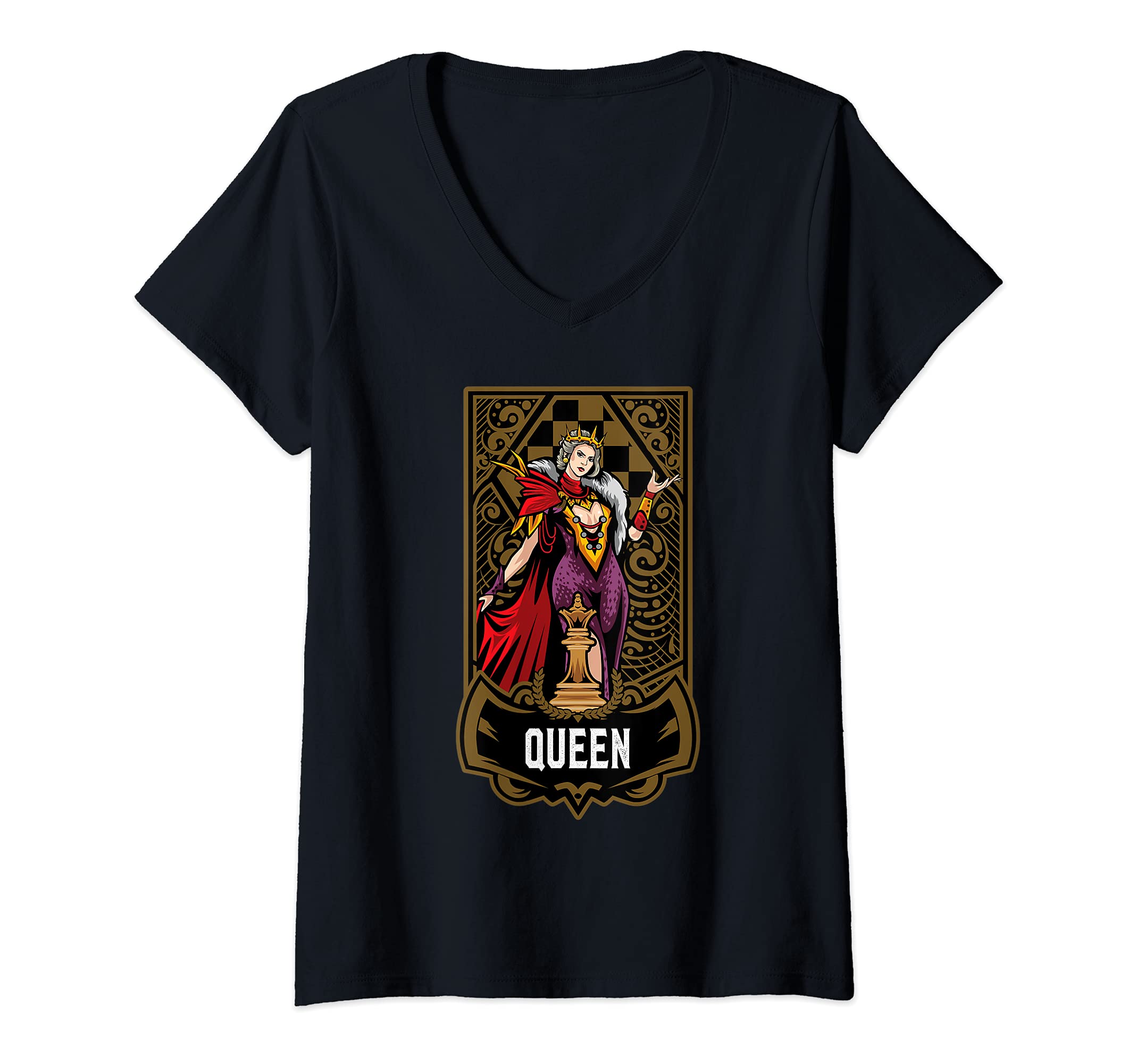 Womens Queen Chess Game Piece Chess Club Players Gambit Red Team V-Neck T-Shirt