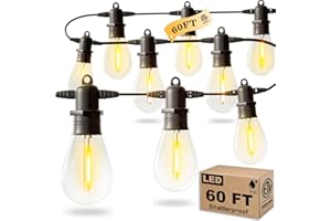 Jerritte 60FT LED Outdoor String Lights with 16+1 Edison Shatterproof IP65 Waterproof Bulbs, 2700K Dimmable Commercial Grade Patio Lights for Garden, Porch, Deck Decor