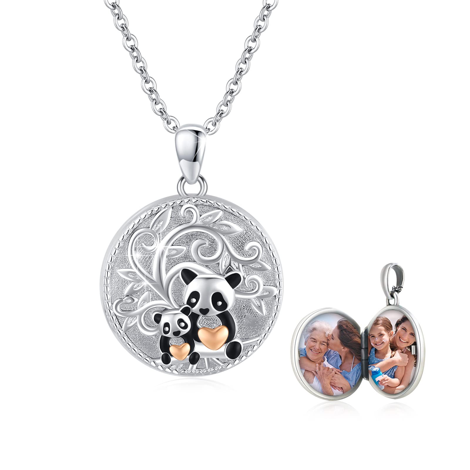 OHAYOO Personalized Locket Necklace 925 Sterling Silver Mother and Child Locket Pendant Necklace with Photo Custom Gifts for Ladies Mom Mother's Day (Panda Locket Necklace)