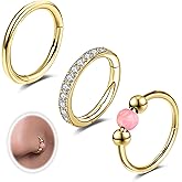 6ixGosh 18G 3PCS Nose Rings Hoops 316L Surgical Steel Opalite Nose Rings for Women Clear CZ Nose Rings Hoop 8mm/10mm Septum Rings Clicker for Cartilage Daith Helix Tragus Conch Piercing Jewelry