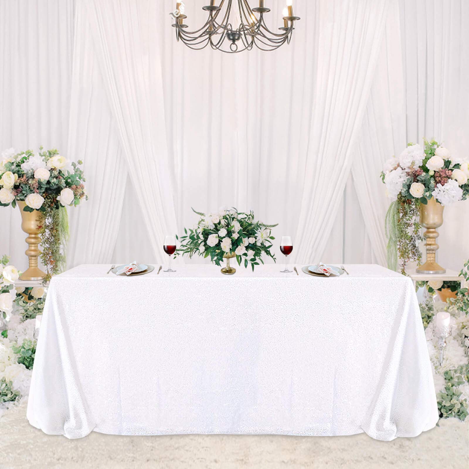 SoarDream White Wedding Tablecloth 90x132Inches Sequin Table Cloth Glitter Table Linens for Party Banquet Home Cake Desserts Table Decor