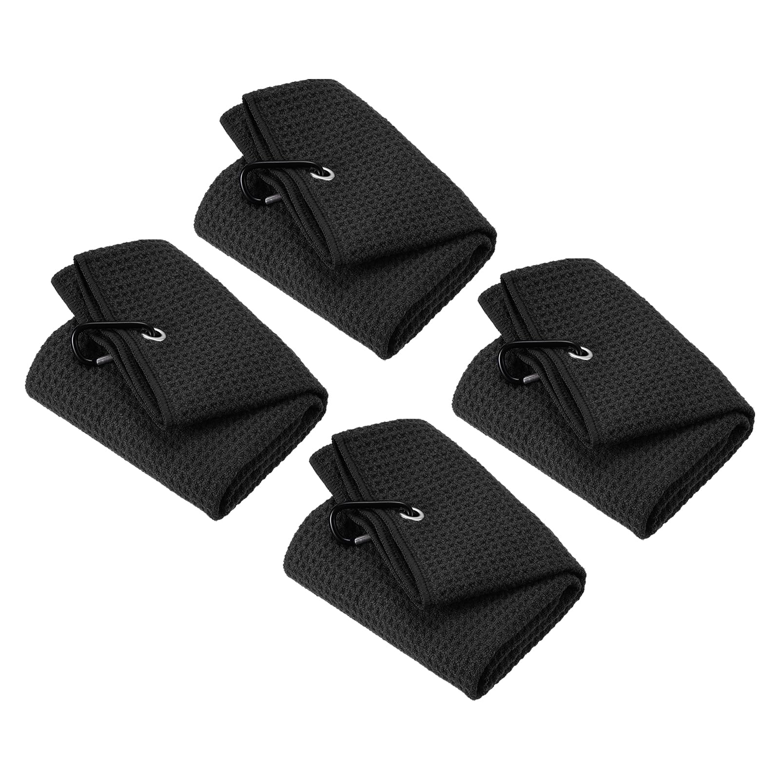 PATIKIL 20"x16" Tri-Fold Golf Towels, 4 Pack Waffle Pattern Towels Soft Fiber Strong Water Absorption with D Clip for Golf Lovers, Black