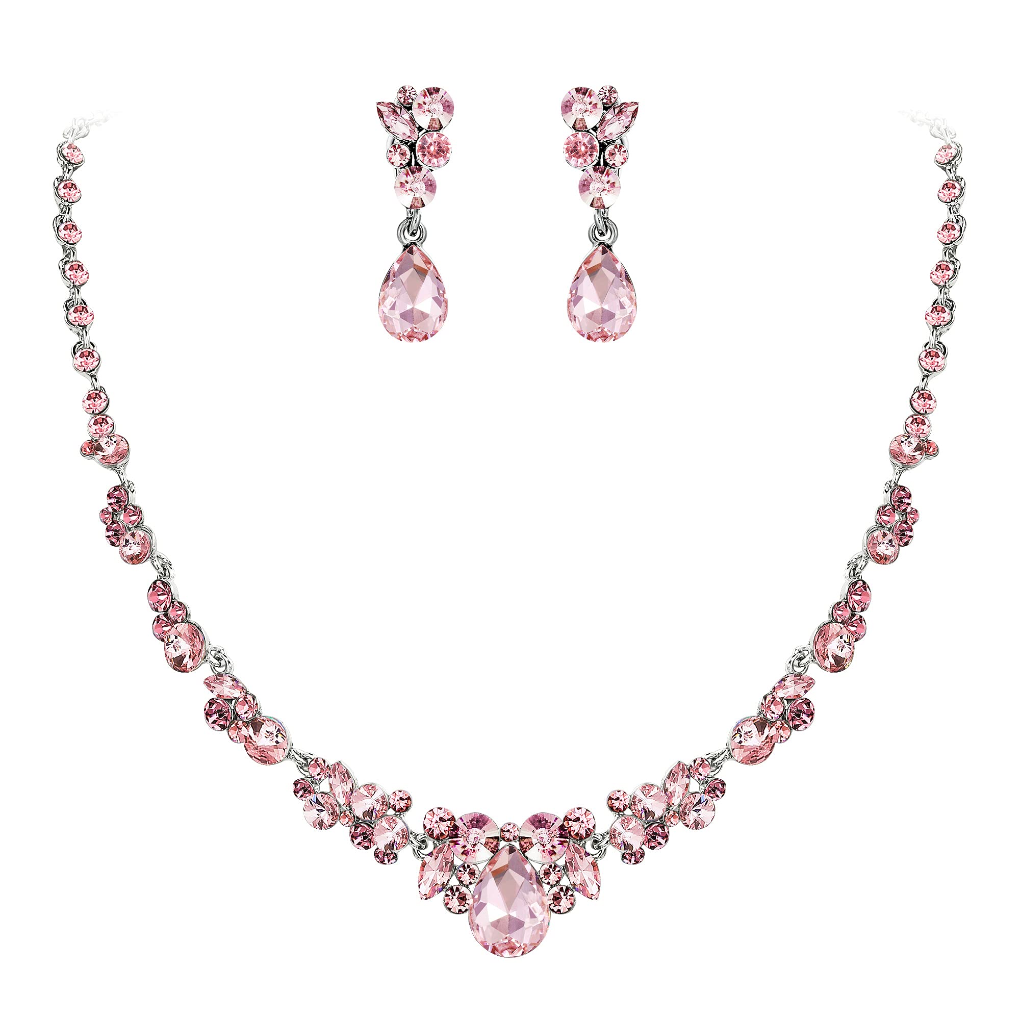 Ever Faith Bridal Jewellery Set Pink Rhinestone Crystal Wedding Prom Party Floral Teardrop Necklace Earrings Sets for Brides Silver-Tone