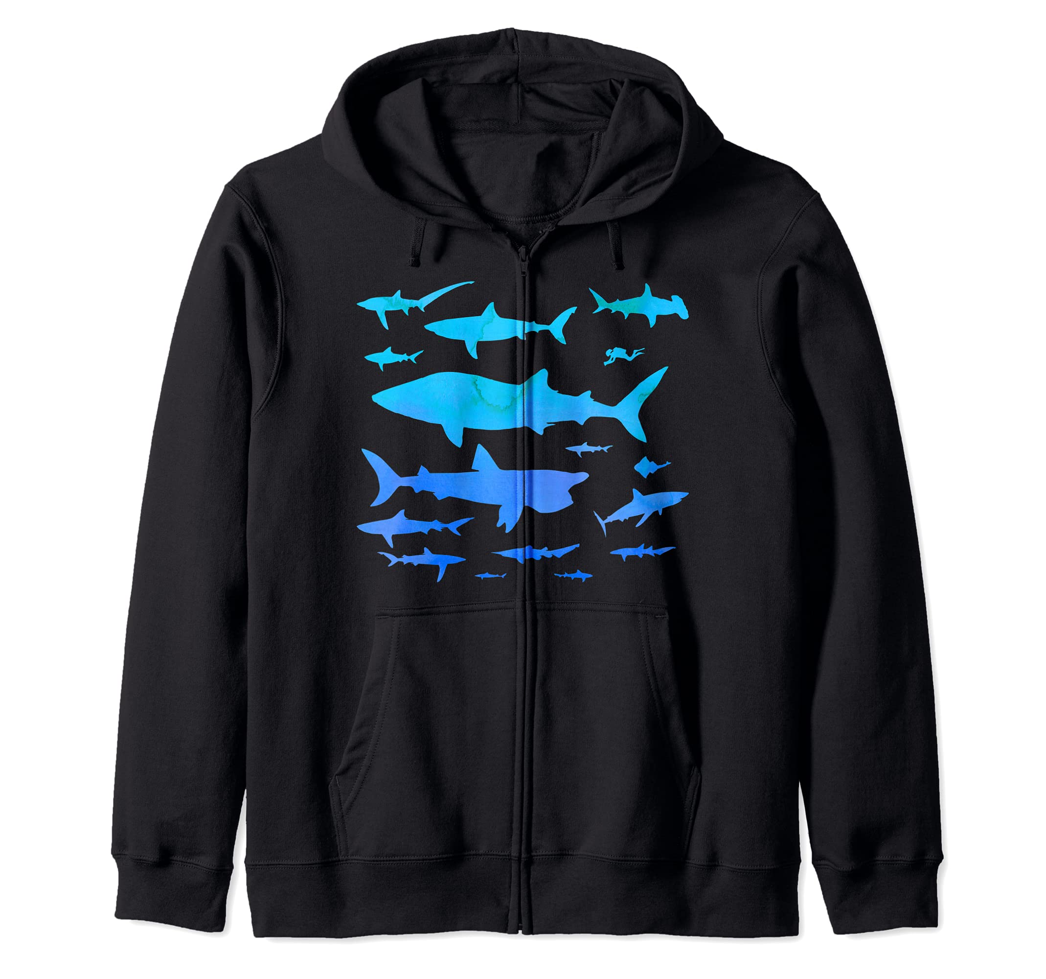 Watercolor Effect 15 Kinds of Sharks - Marine Biology Shark Zip Hoodie
