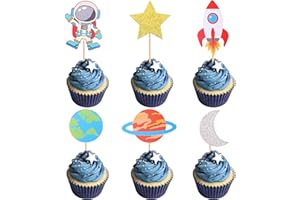 YCTHUNFISH 36 Pack Space Astronaut Cupcake Toppers Planet Rocket Spaceship Trip to the Moon Star Cupcake Food Picks Universe Outer Space Theme Baby Shower Kids Birthday Party Cake Decorations Supplies