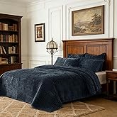 COCOPLOCEUS 3 Pieces Luxurious Velvet Oversized King Quilt Bedding Set 120x128 Striped Bedspread Coverlet Quilted Set with 2 Pillow Shams 20x36 Ultra Soft Comforter for All Season, Grey Blue