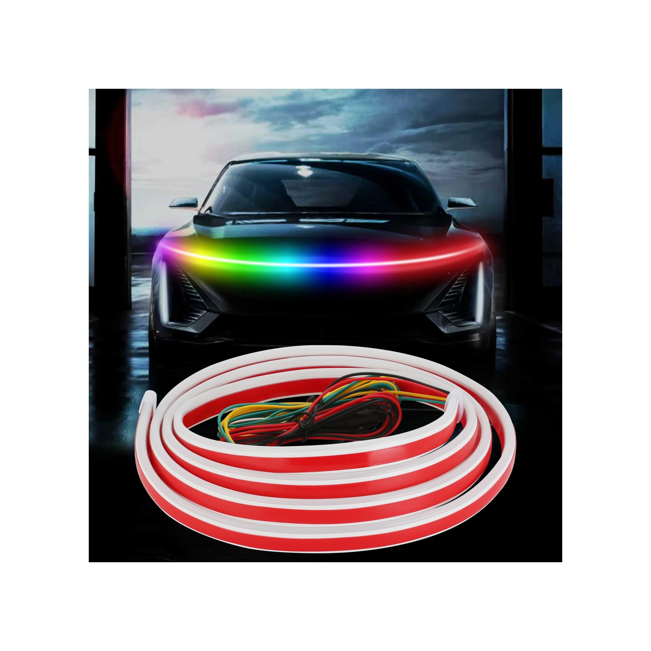 Photo 1 of ***MOUNTING TAPE USED*** Car LED Hood Light Strip, 70 Inch 12V RGB APP Control Flexible Waterproof Daytime Running Lights with Turn Signal, Universal Bonnet Gap Glow Decoration Accessories for Cars, SUVs, Trucks