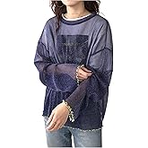 Floerns Women's Sheer Mesh Long Sleeve Oversized Drop Shoulder Y2k Tee Shirts