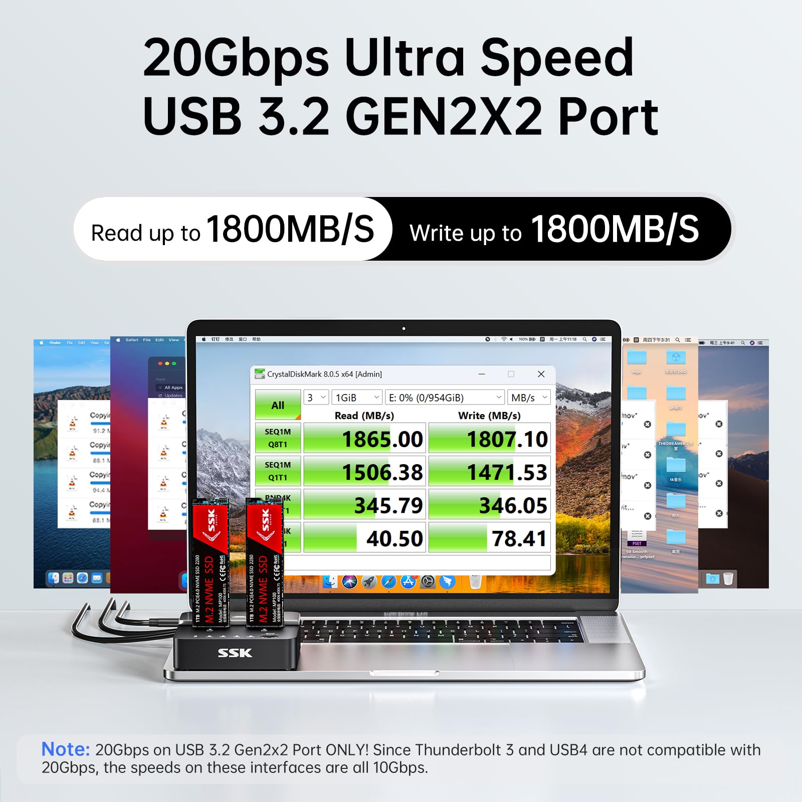 SSK NVMe SSD Cloner, M.2 Duplicator Dual Bay NVMe Enclosure, Tool-Free 20Gbps USB3.2 Gen 2X2 SSD to USB Adapter M.2 Docking Station for M Key PCIE NVMeSSD Reader Supports Offline Clone
