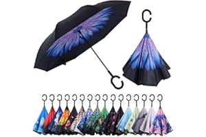 Wxjiahetai Inverted Reverse Umbrella with C-shaped Handle Windproof Upside Down Umbrellas for Rain Double Layer Hands Free Umbrella for Women and Men