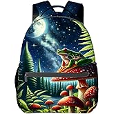 MIEPOS Magical Forest Frog Backpack,Mushroom Moon Polyester Backpacks,Lightweight Double Shoulder Back Pack for Teens Adults,Night Scene Bookbag,School Bag Gifts,Casual Travel Daypack Book Packs