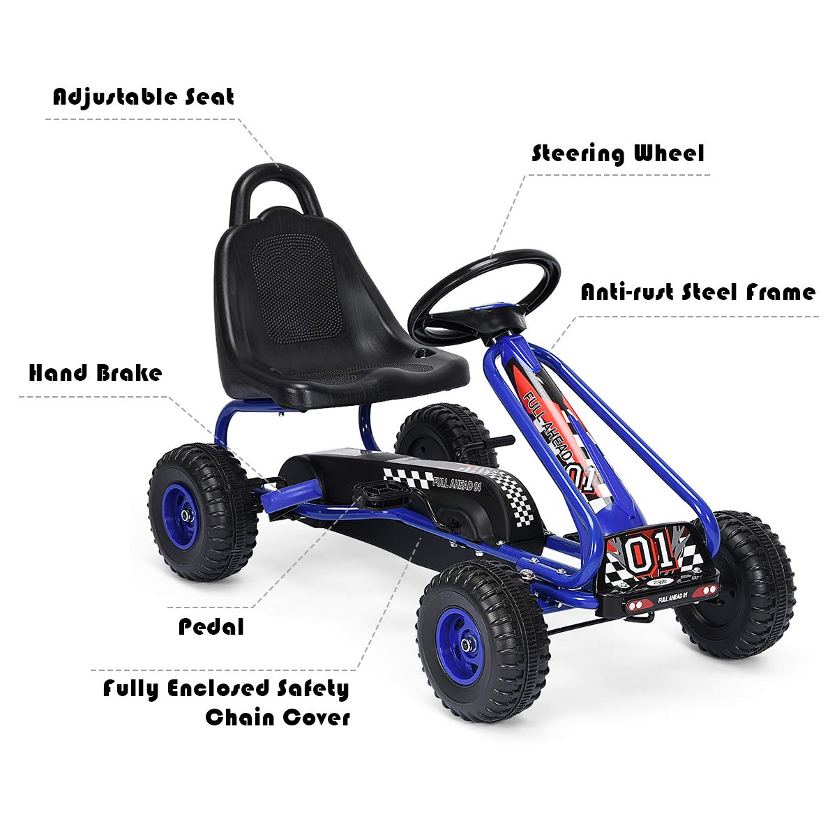 Costzon Go Kart for Kids, 4 Wheel Pedal Powered Go Cart with Adjustable Seat, Handbrake & Non-Slip Wheels, Outdoor Racer Ride On Pedal Car, Gift for Boys Girls (Blue)