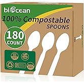Biocean 100% Compostable Spoons 180 Count Disposable Spoons Utensils Set Heavy Duty Spoons Silverware Eco Friendly Flatware for Party Camping Picnics Wedding-Ivory White