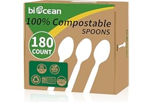 Biocean 100% Compostable Spoons 180 Count Disposable Spoons Utensils Set Heavy Duty Spoons Silverware Eco Friendly Flatware for Party Camping Picnics Wedding-Ivory White