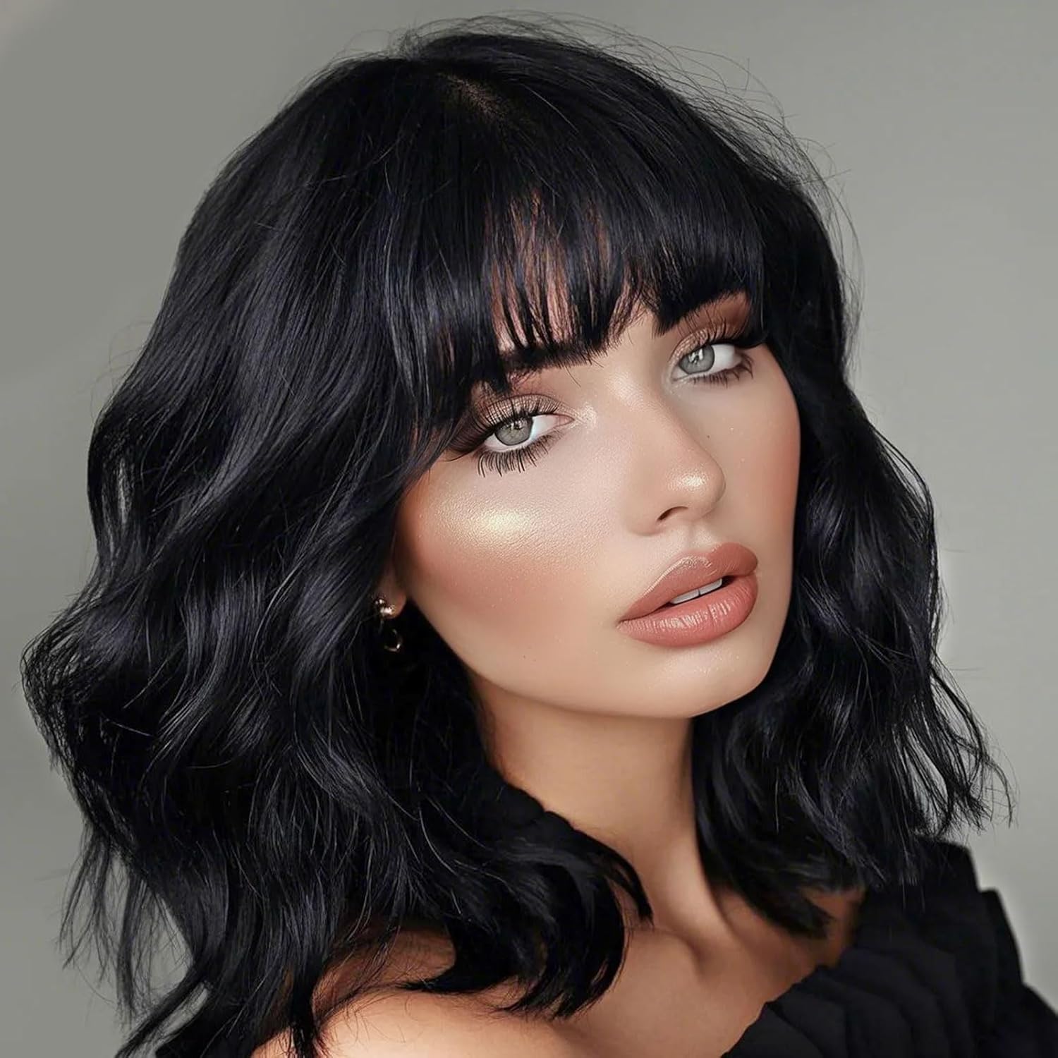 YEESHEDO Short Black Wavy Bob Wig with Fringe for Women Shoulder Length Wigs with Bangs Natural Heat Resistant Synthetic Hair for Halloween Daily Use 14inch