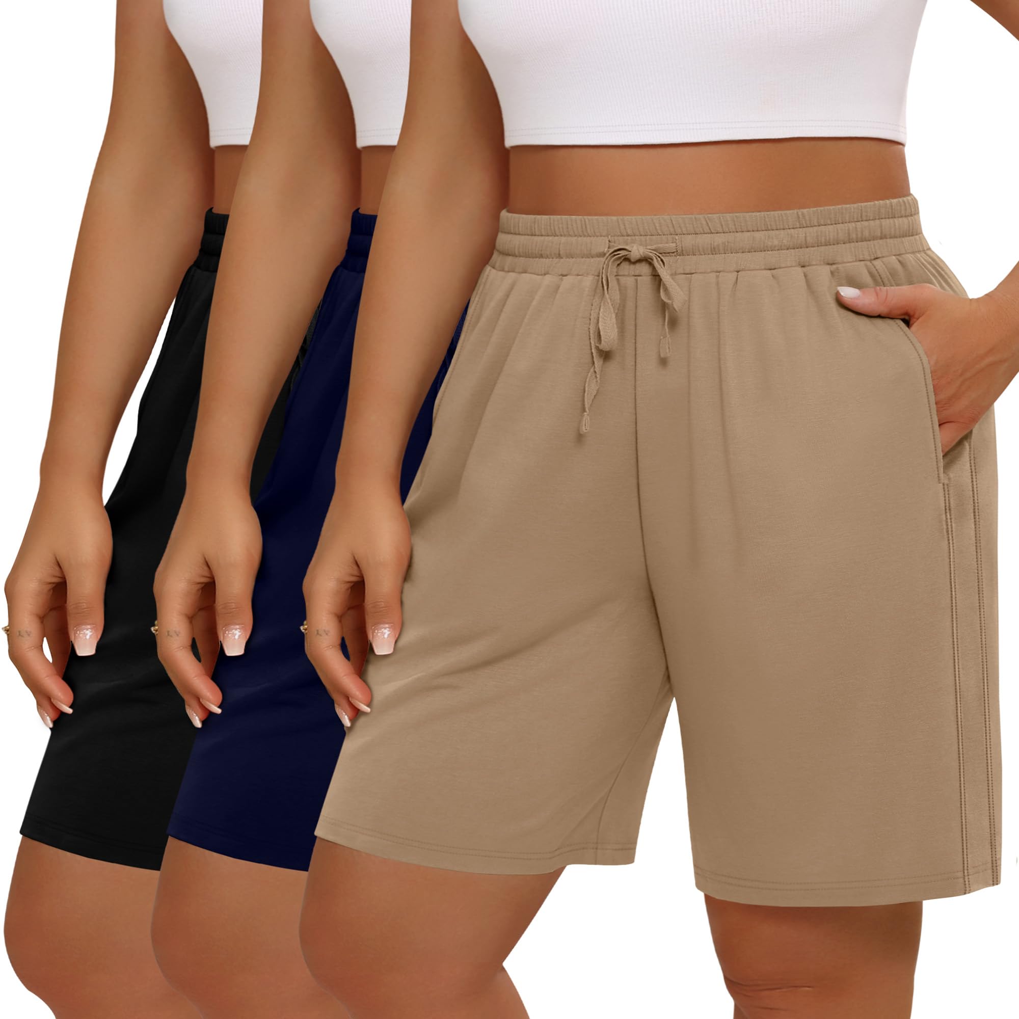 Photo 1 of Evervibe 3 Pack Women's Plus Size Bermuda Shorts, Drawstring Elastic Waisted Bermuda Active Summer Cotton Shorts with Pockets(Black, Navy Blue, Khaki,3X-Large)