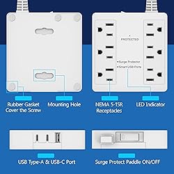 LIDER Outlet Extender with 6 Receptacles, USB-A and