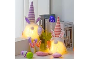 unanscre Lighted Easter Gnomes Plush Elf Decorations - 2PCS Light Up Handmade Bunny Gnome with Easter Egg & Carrot, Swedish Tomte Rabbit Glow Dolls for Easter Day Gifts, Home Decor, Table Ornament