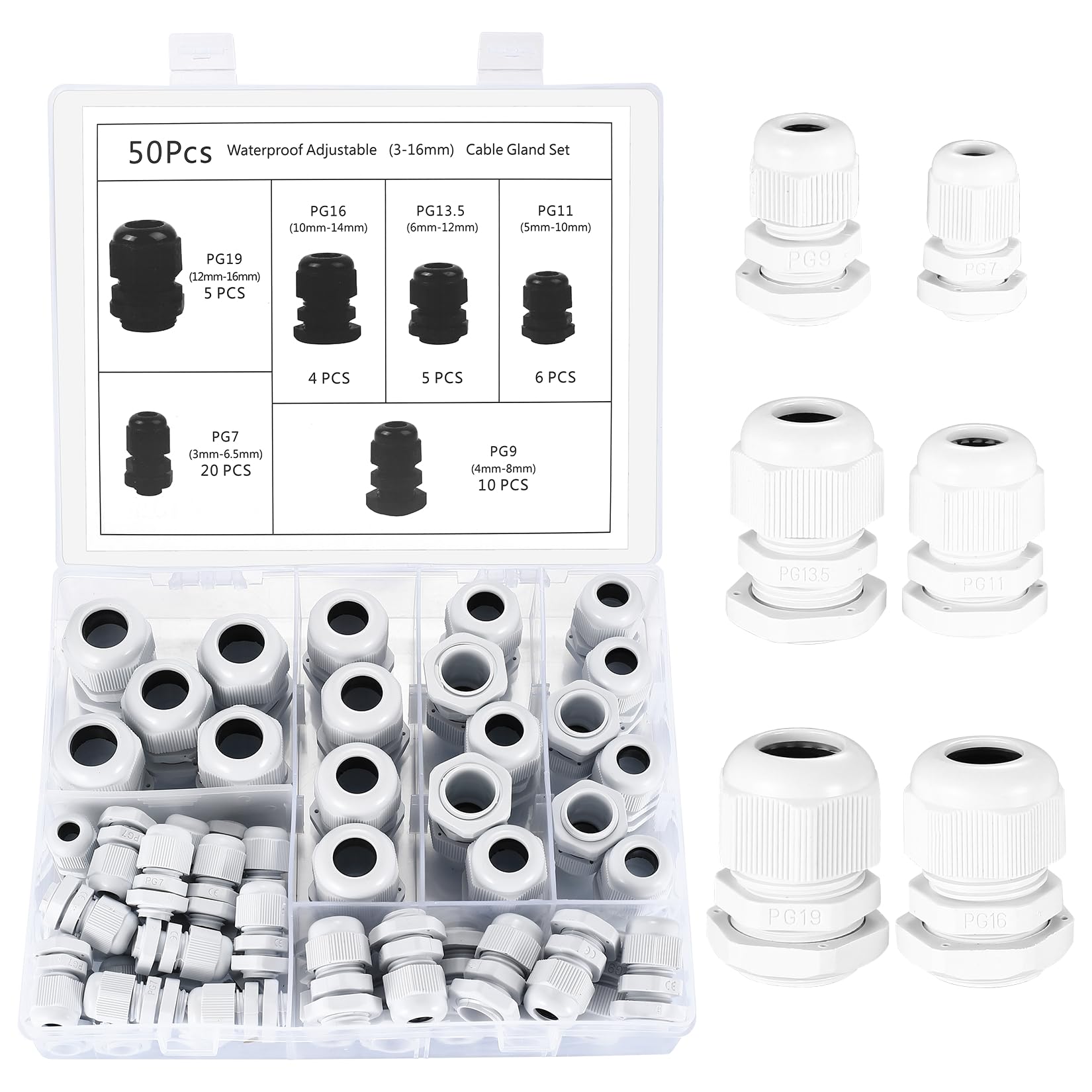 50 Pcs Adjustable Cable Glands, IP68 Waterproof Adjustable 3-15mm Cable Connectors, Plastic Nylon Cable Connectors Gland Joints Locknut Stuffing Glands - PG7/9/11/13.5/16/19