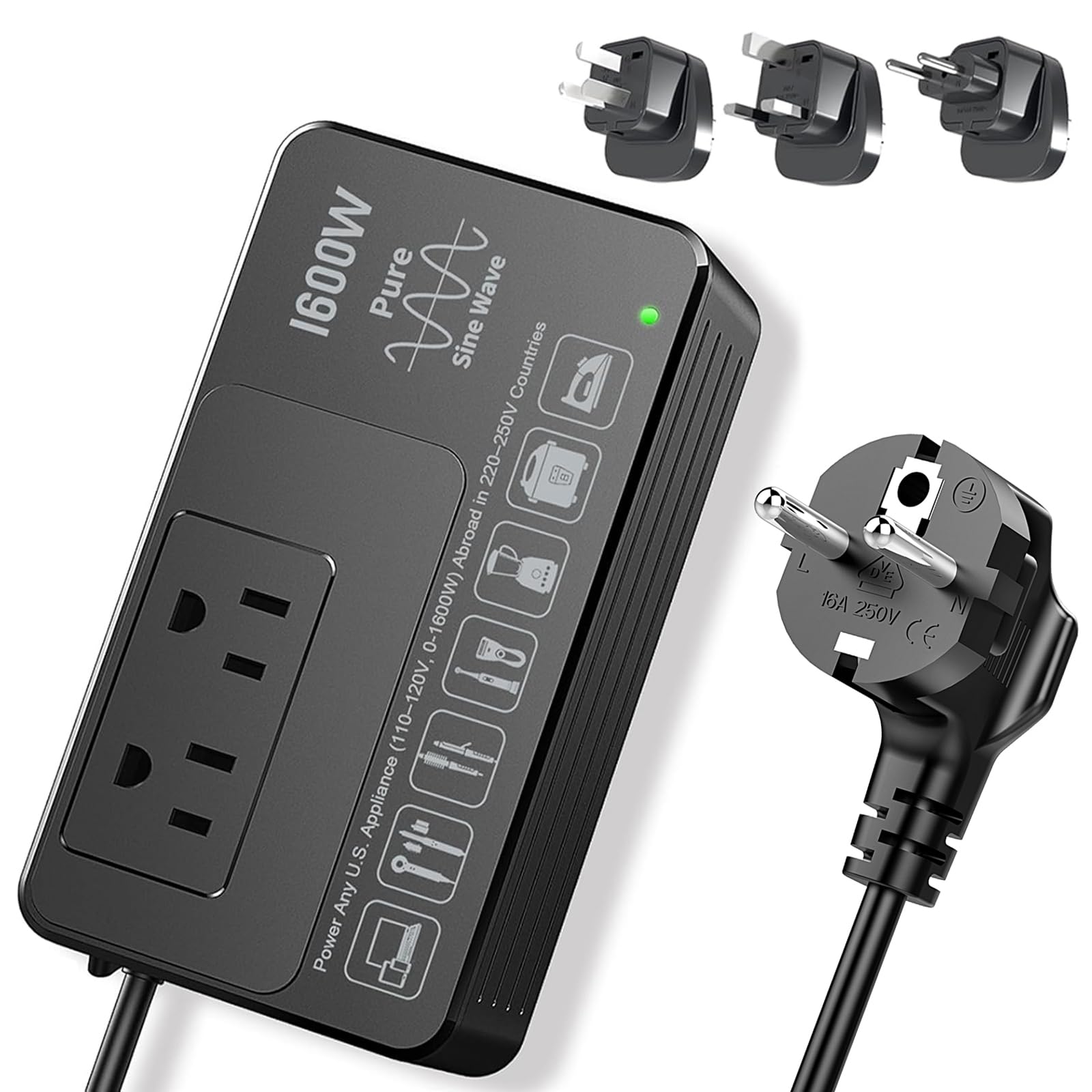 Photo 1 of 220V to 110V Voltage Converter US to Europe, Universal Power Plug Adapter Voltage Converter for European International Travel, 1600W - Plug & Play, Power Any U.S. Appliance in 220–250V Countries