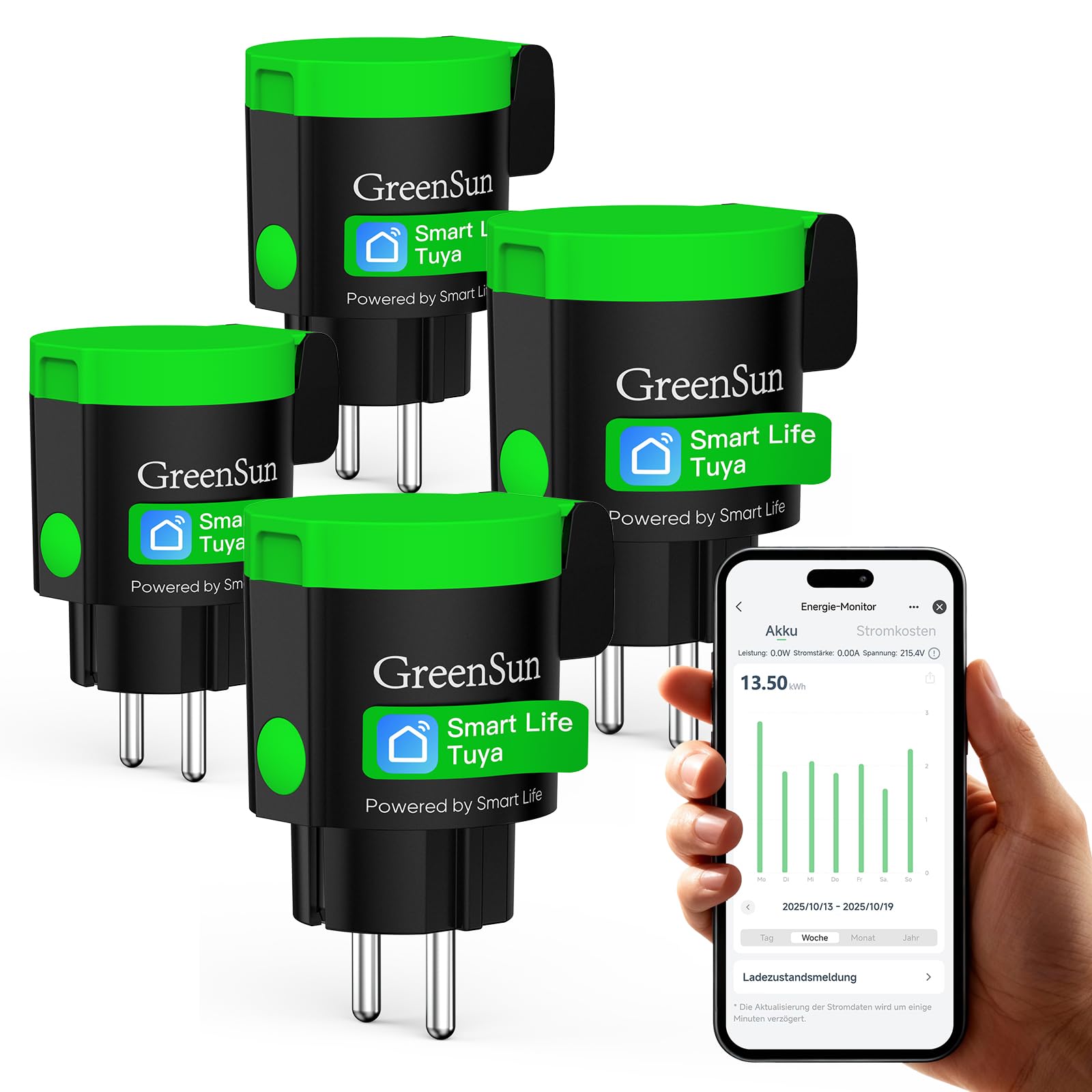 GreenSun WLAN Steckdose Outdoor 4er Pack - IP44 wasserdichte Außensteckdosen mit Strommessung 16A 3680W Tuya Smart Life App WiFi Steckdose Zeitschaltuhr & Timer kompatibel mit Alexa & Google Home